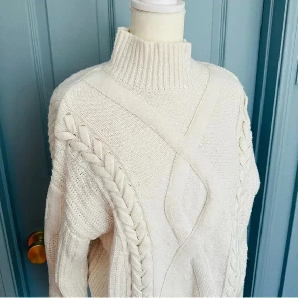 Elizabeth and James Cable Knit Cream Turtleneck Crop Sweater - Picture 4 of 9